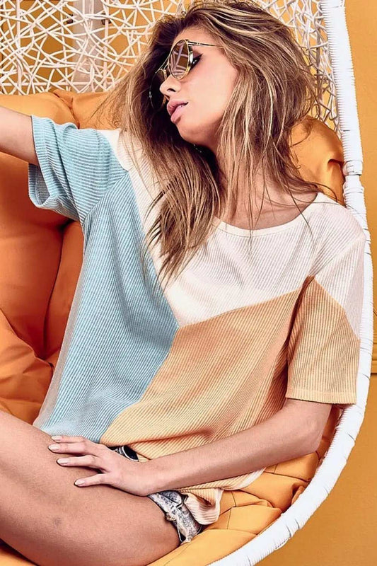 BiBi Round Neck Color Block Short Sleeve T-Shirt - Trendsi - Flyclothing LLC