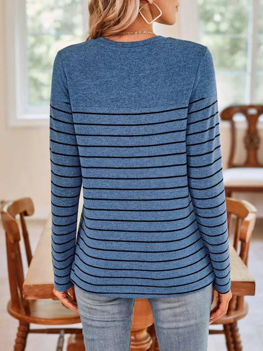Lovelet Quarter Button Striped Round Neck Long Sleeve T-Shirt - Trendsi - Flyclothing LLC