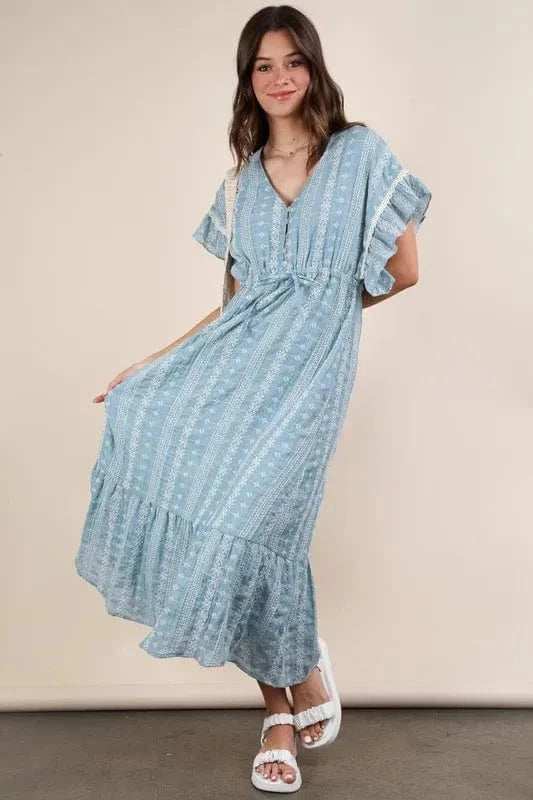 VERY J Embroidered Boho Ruffled Midi Dress - Trendsi - Flyclothing LLC