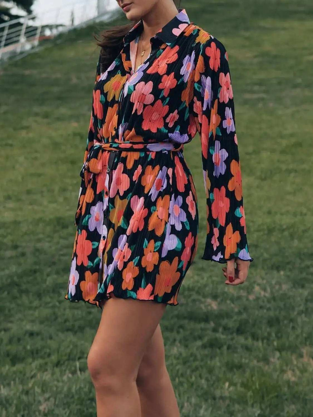 Tied Button Up Long Sleeve Dress - Trendsi - Flyclothing LLC