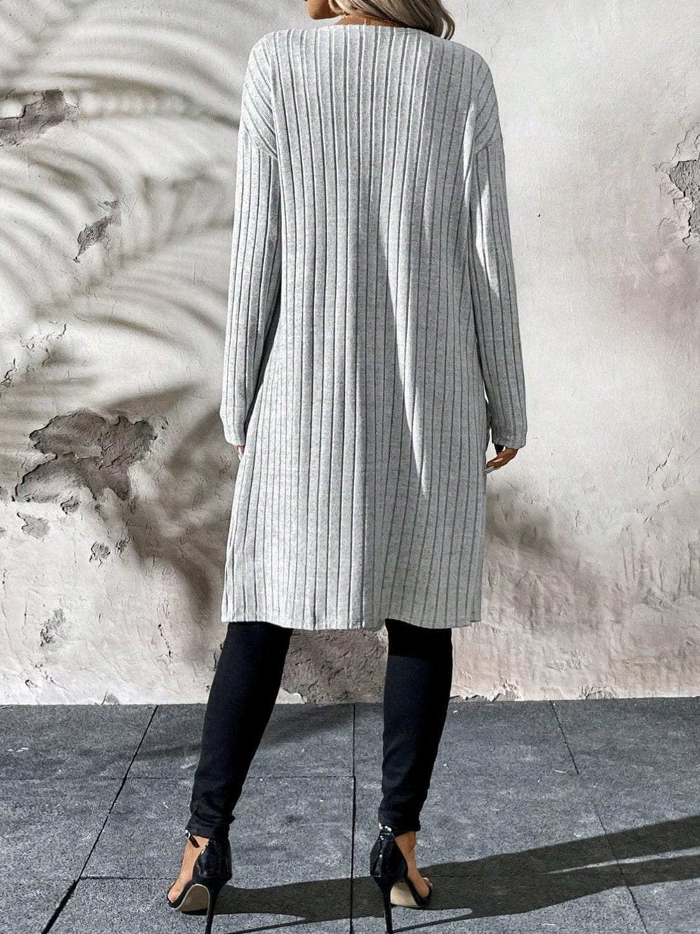 Ribbed Open Front Long Sleeve Cardigan with Pockets - Trendsi - Flyclothing LLC