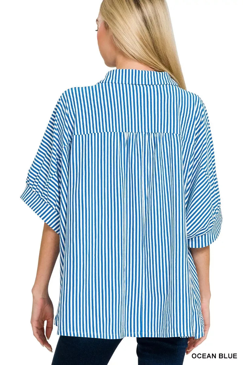 Zenana Oversized Stripe Button Down Shirt - Trendsi - Flyclothing LLC