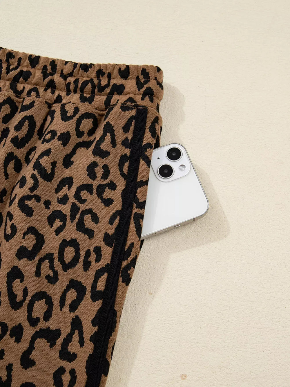 Striped Trim Leopard Long Sleeve Top Drawstring Pant Set - Trendsi - Flyclothing LLC