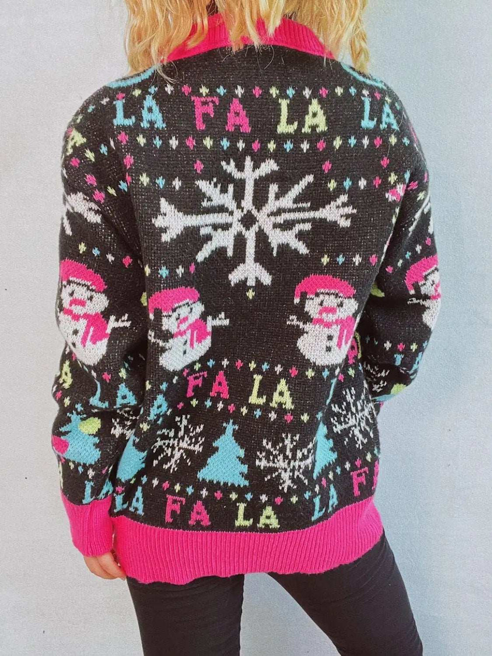 Snowman Contrast Trim Round Neck Sweater - Trendsi - Flyclothing LLC