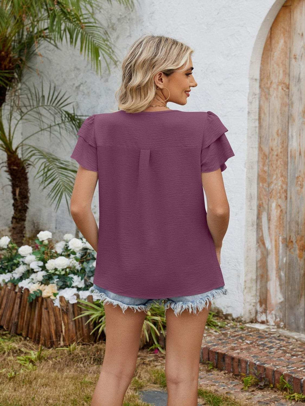 Cutout Round Neck Short Sleeve Blouse - Trendsi - Flyclothing LLC