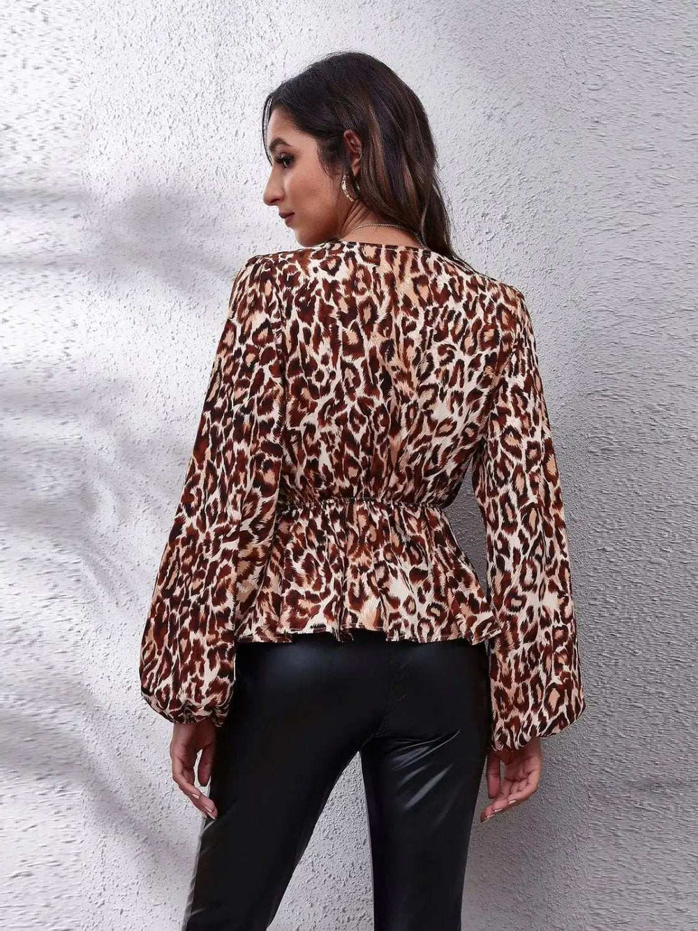 Ruched Printed V-Neck Long Sleeve Blouse - Trendsi - Flyclothing LLC