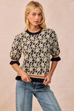 BiBi Textured Rose Knit Top Contrast Banded Puff Sleeve - Trendsi - Flyclothing LLC