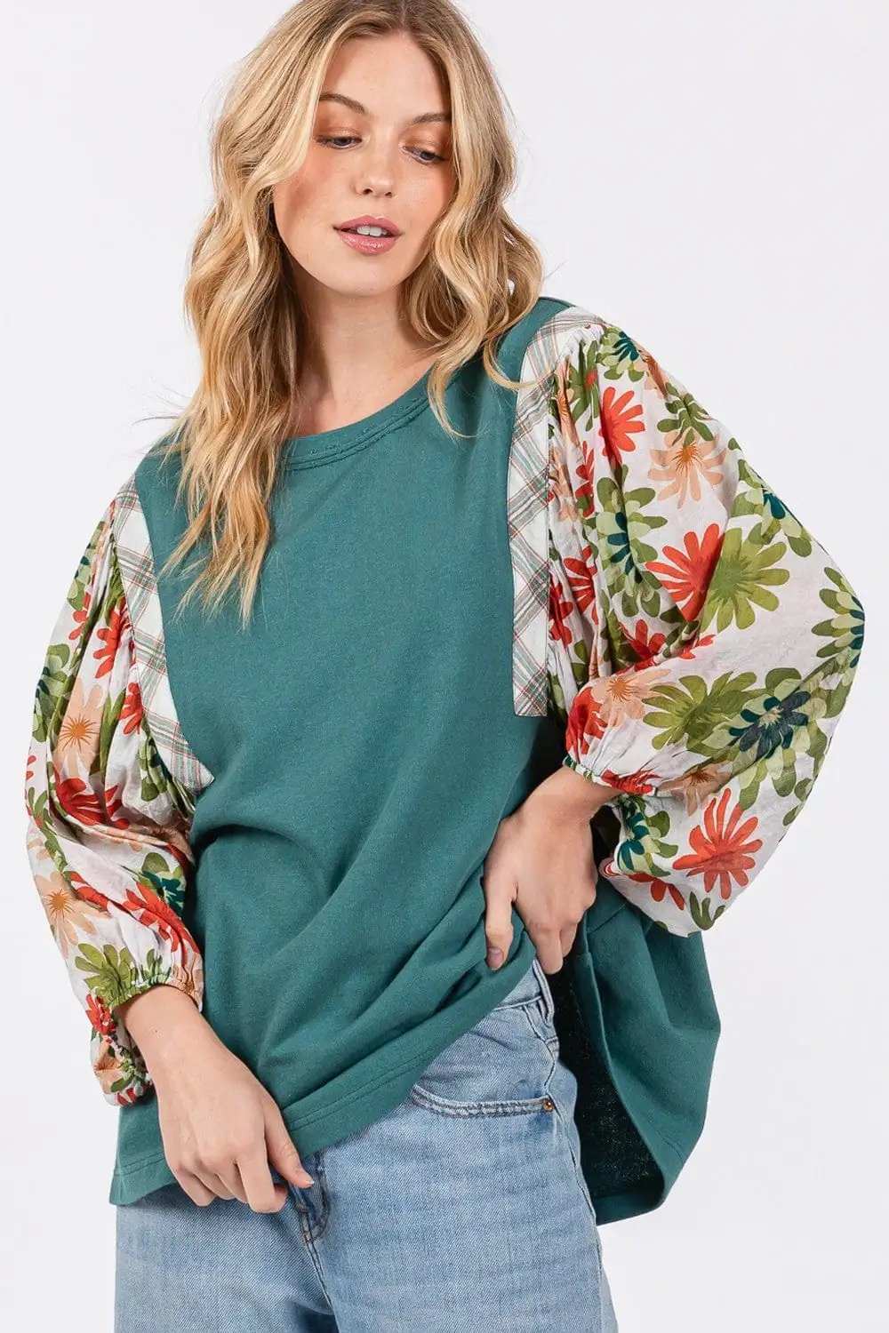 SAGE + FIG Full Size Printed Balloon Sleeve Contrast Top - Trendsi - Flyclothing LLC