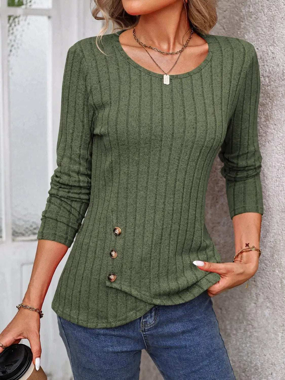 Decorative Button Round Neck Long Sleeve T-Shirt - Trendsi - Flyclothing LLC