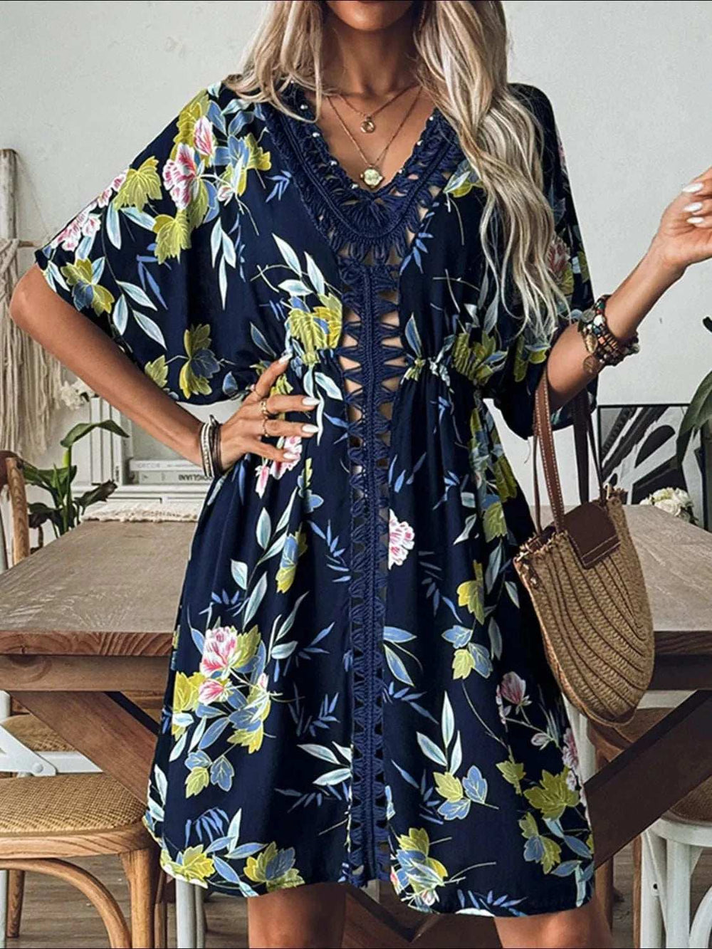Crochet Front V-Neck Printed Cover-Up - Trendsi - Flyclothing LLC