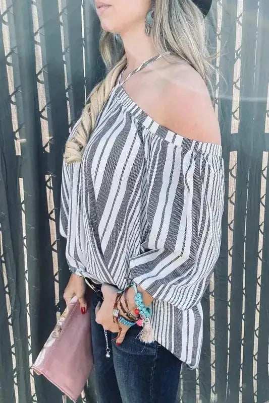 And The Why Stripe Printed Cold Shoulder Halter Neck Top - Trendsi - Flyclothing LLC