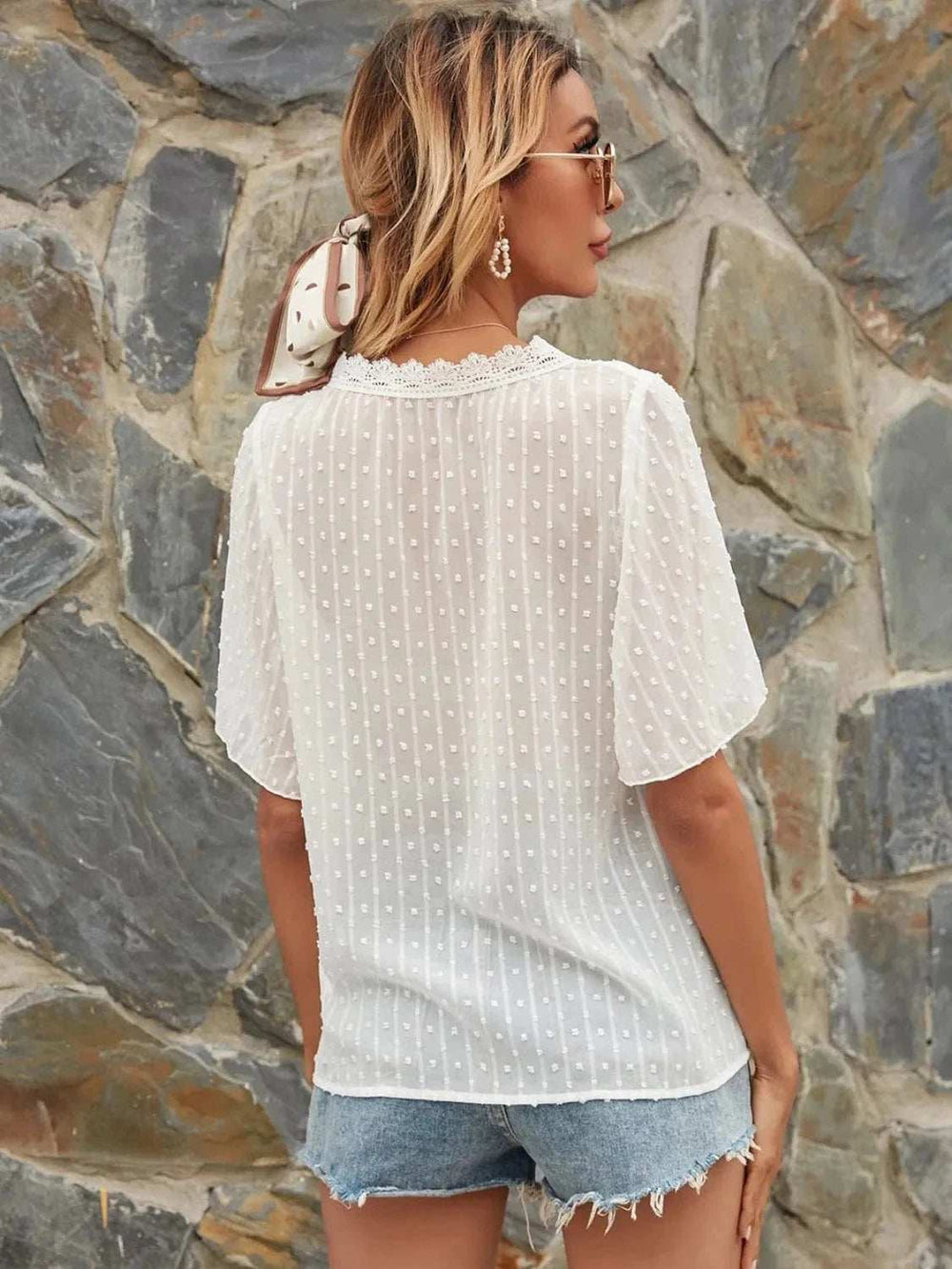 Lace Detail V-Neck Siwss Dot Blouse - Trendsi - Flyclothing LLC
