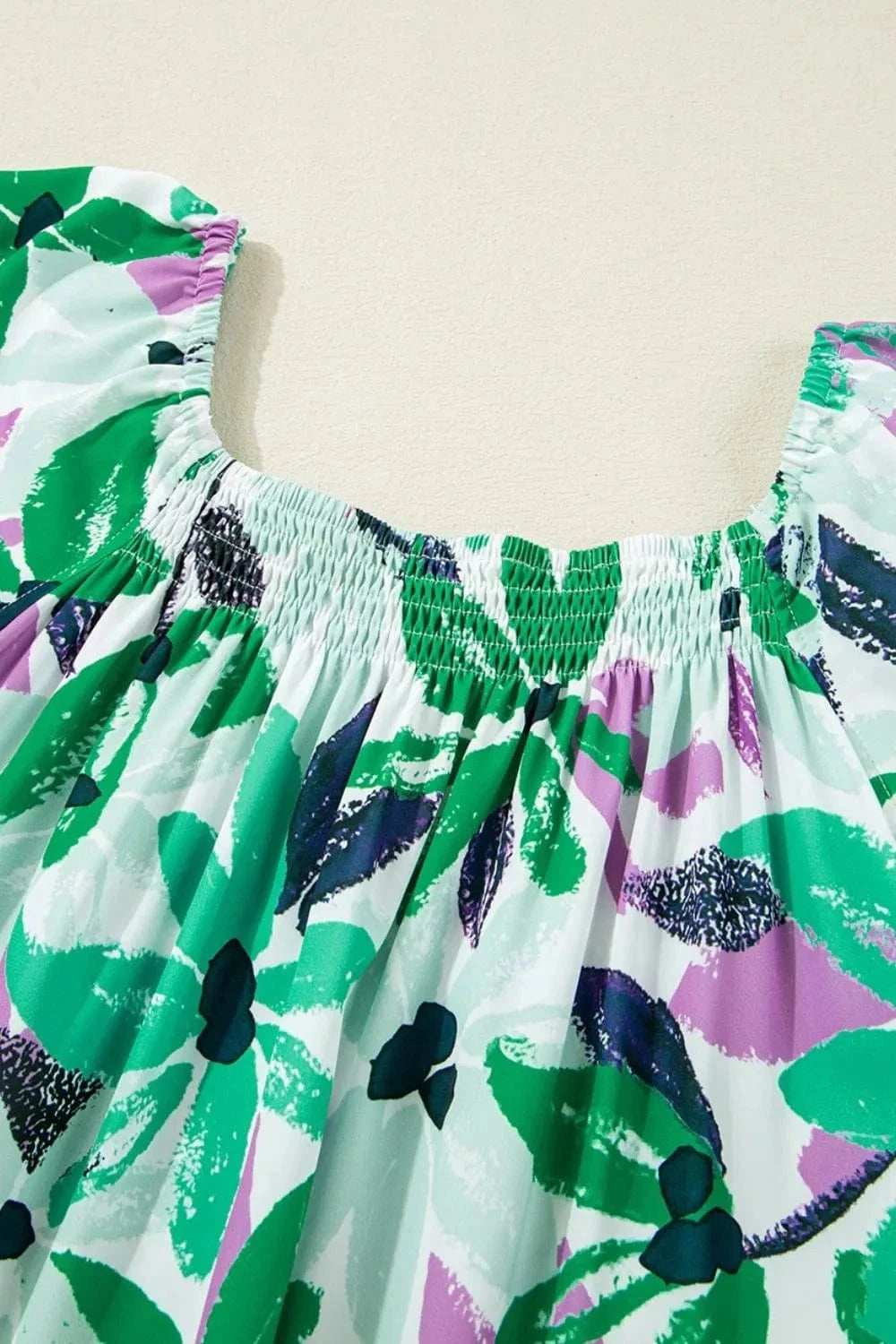 Floral Print Shirred Square Neck Loose Fit Mini Dress - Trendsi - Flyclothing LLC