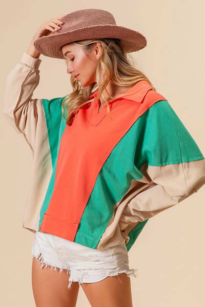 BiBi Colorblock Exposed Seam French Terry Sweatshirt - Trendsi - Flyclothing LLC