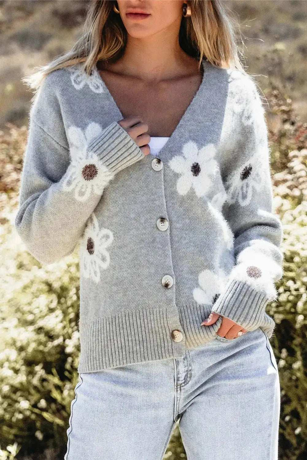 Flower Button Up Long Sleeve Cardigan - Trendsi - Flyclothing LLC