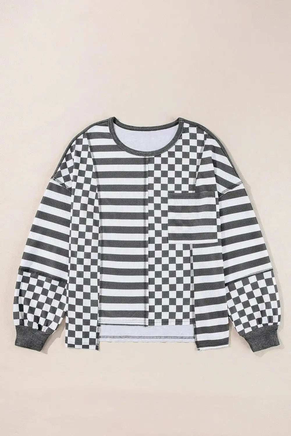 Checker & Stripes Round Neck Long Sleeve Blouse - Trendsi - Flyclothing LLC
