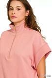 Zenana Full Size Scuba High Neck Half Zip Short Sleeve Top Plus Size - Trendsi - Flyclothing LLC
