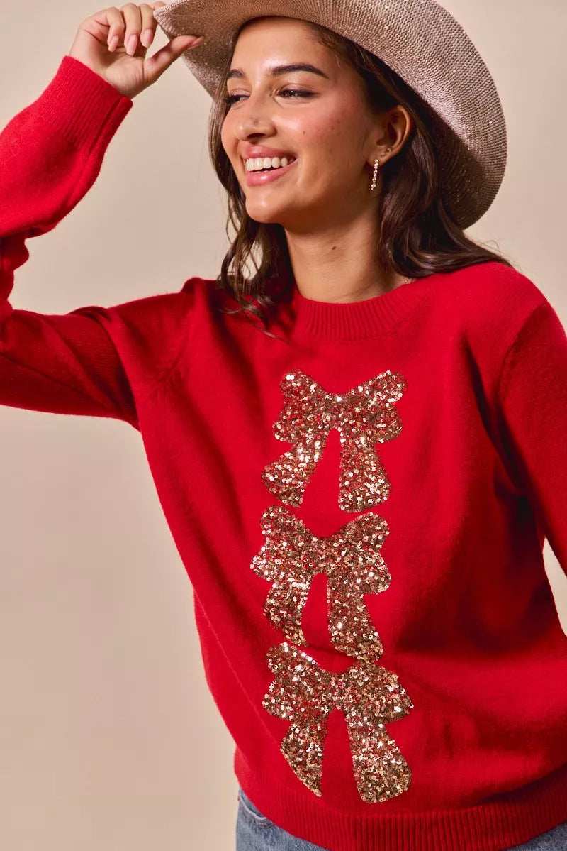 SO ME Sequins Bow Ribbon Embellished Christmas Sweater - Trendsi - Flyclothing LLC