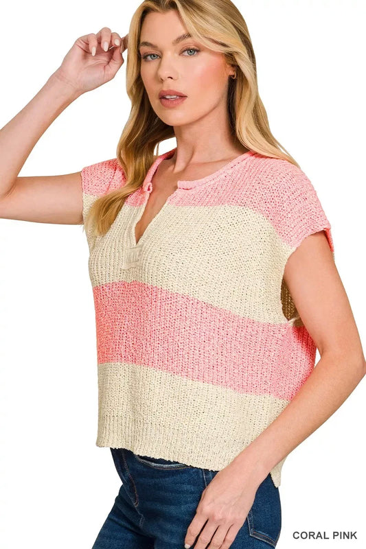 Zenana Split Neck Sleeveless Stripe Sweater - Trendsi - Flyclothing LLC