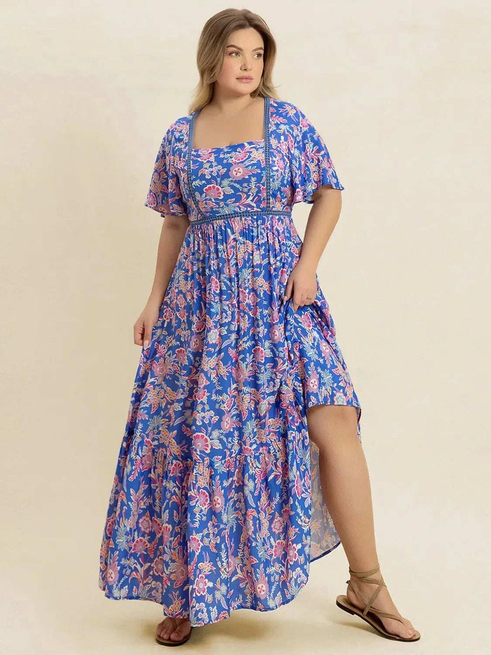 Plus Size Ruched Printed Short Sleeve Dress - Trendsi - Flyclothing LLC