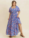 Plus Size Ruched Printed Short Sleeve Dress - Trendsi - Flyclothing LLC