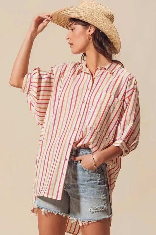 SO ME Multicolored Stripe Button Down Shirt - Trendsi - Flyclothing LLC
