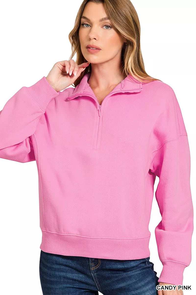 Zenana Fleece High Neck Half Zip Sweatshirt - Trendsi - Flyclothing LLC