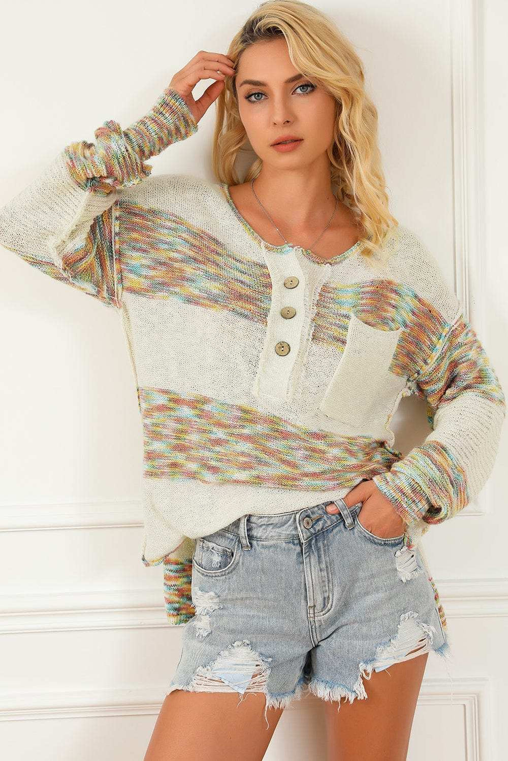 Contrast Half Button Long Sleeve Sweater - Trendsi - Flyclothing LLC