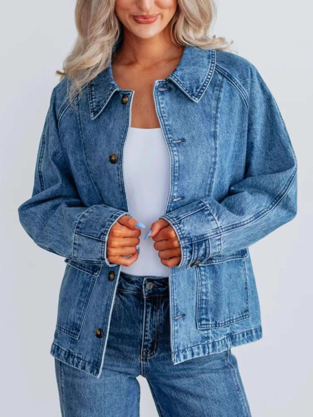 Button Up Raglan Sleeve Denim Jacket - Trendsi - Flyclothing LLC