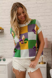 BiBi Sequin Embroidery Mardi Gras Checker Sweater Top - Trendsi - Flyclothing LLC
