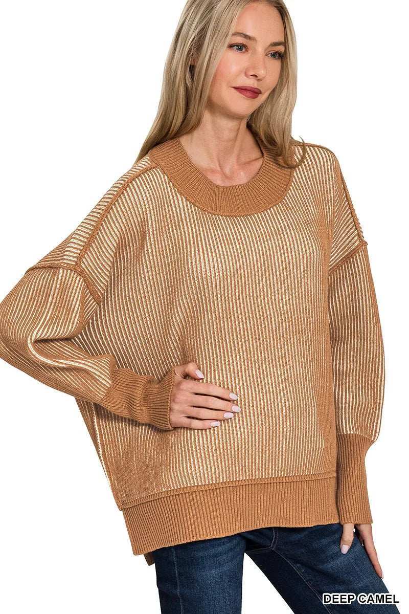 Zenana Exposed Seam Two Tone Ribbed Sweater - Trendsi - Flyclothing LLC