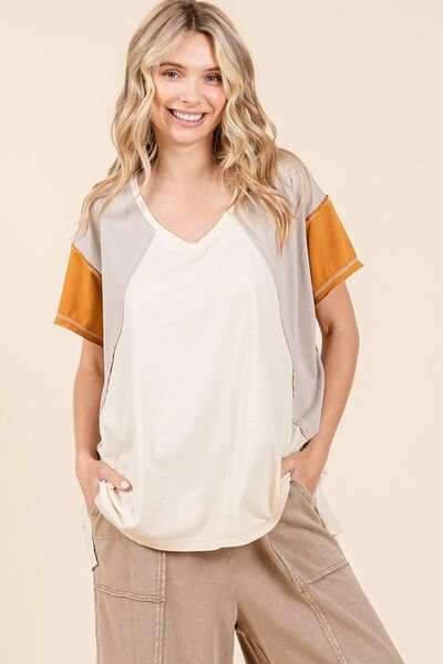 Mittoshop Color Block V-Neck Short Sleeve T-Shirt - Trendsi - Flyclothing LLC