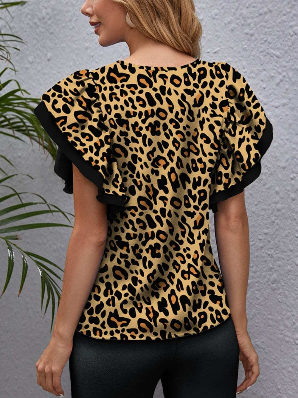 Leopard Round Neck Flounce Sleeve Blouse - Trendsi - Flyclothing LLC