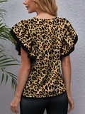 Leopard Round Neck Flounce Sleeve Blouse - Trendsi - Flyclothing LLC