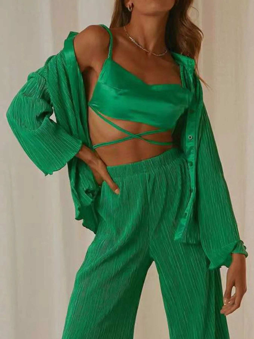 Button Up Long Sleeve Top and Pants Set - Trendsi - Flyclothing LLC