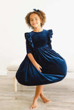 Navy Velvet Ruffle Twirl Dress - Mila & Rose ® - Flyclothing LLC