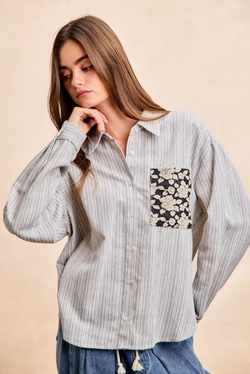 BiBi Flower Jacquard Knit Patch Pocket Stripe Shirt - Trendsi - Flyclothing LLC