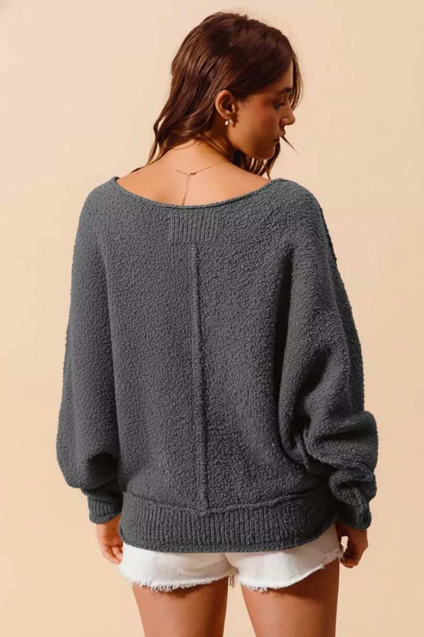 SO ME Loose Fit Exposed Seam Slouchy Boucle Sweater - Trendsi - Flyclothing LLC