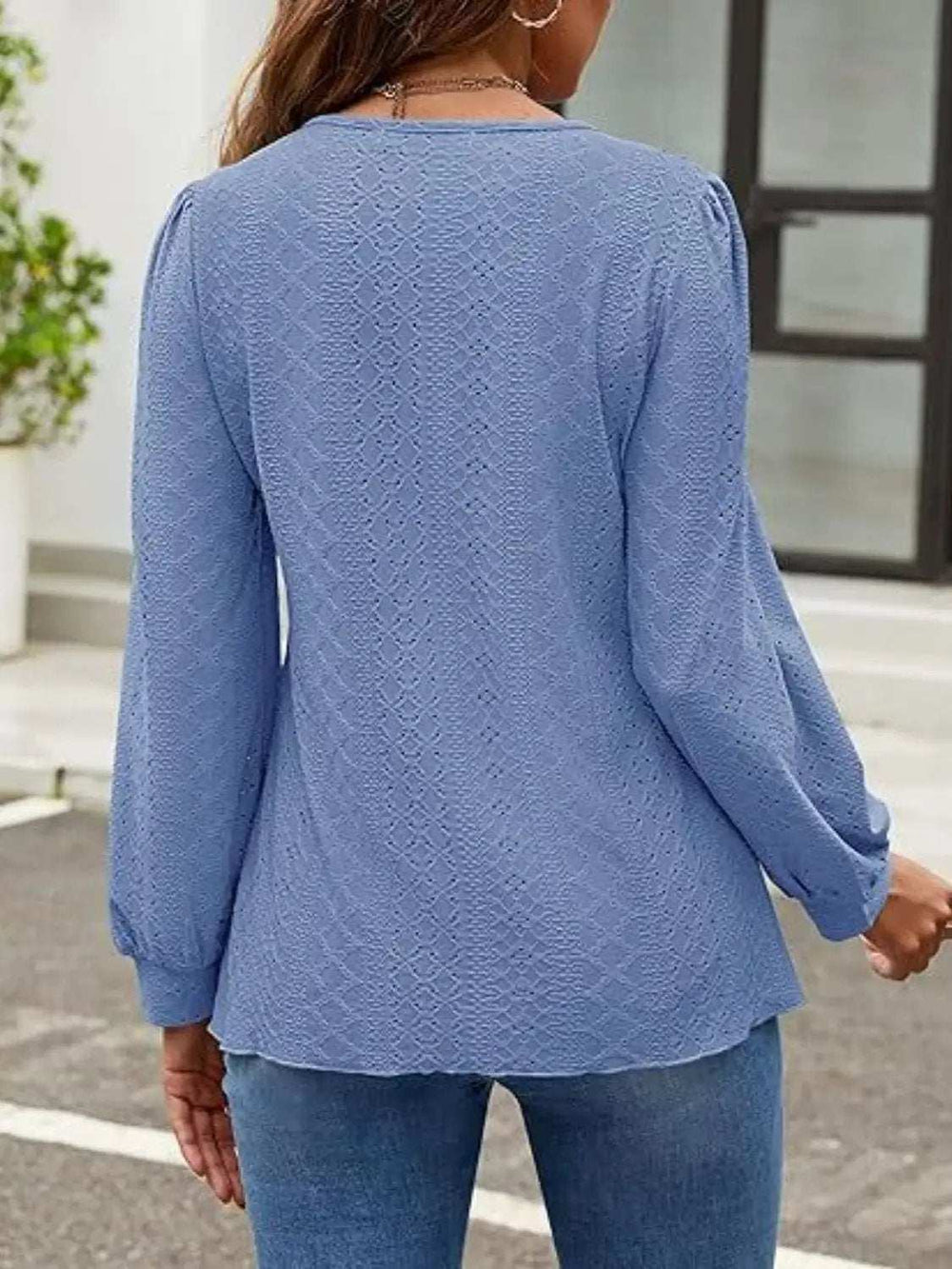 Eyelet Round Neck Long Sleeve Top - Trendsi - Flyclothing LLC