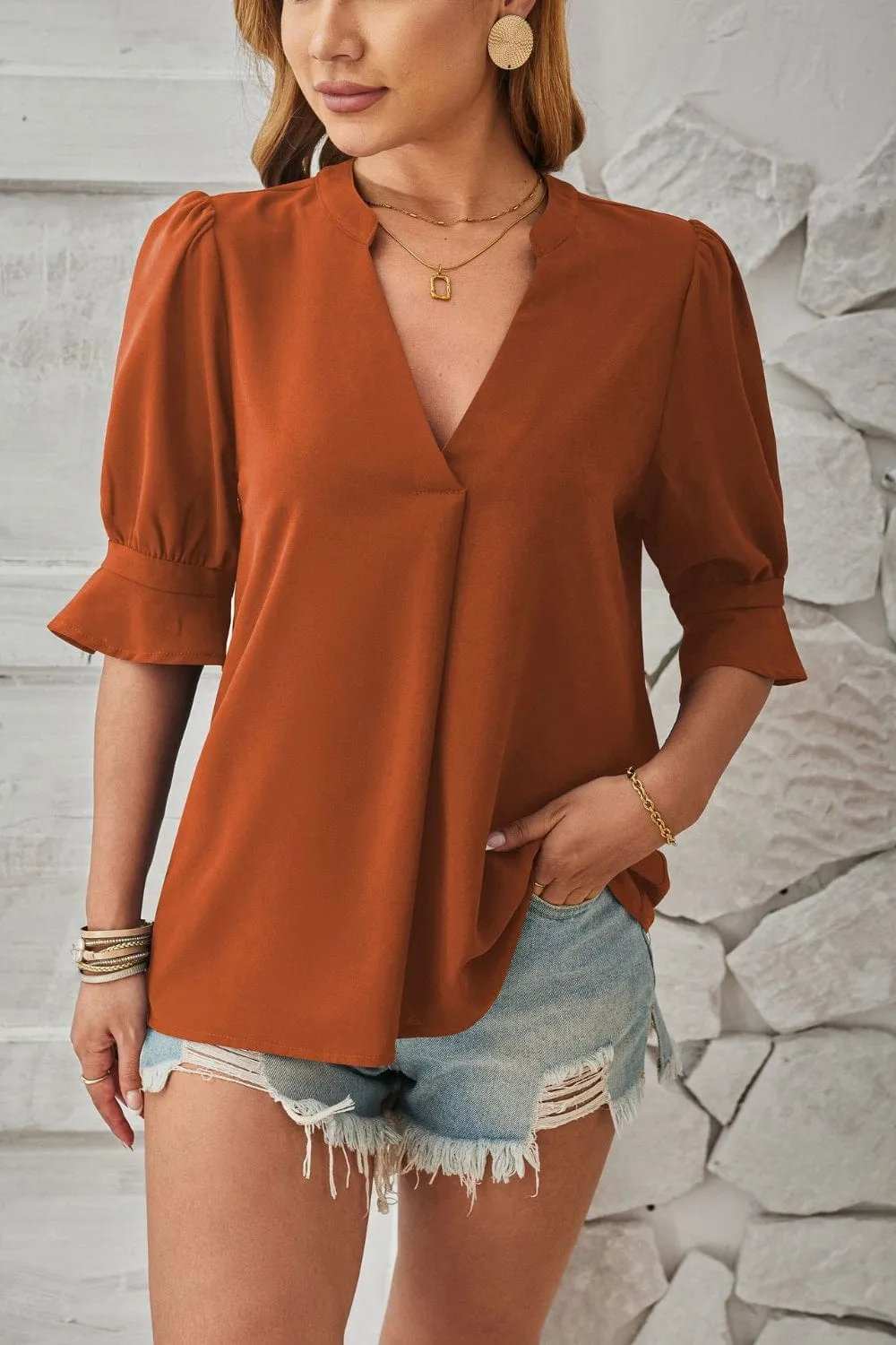 Notched Half Sleeve Blouse - Trendsi - Flyclothing LLC