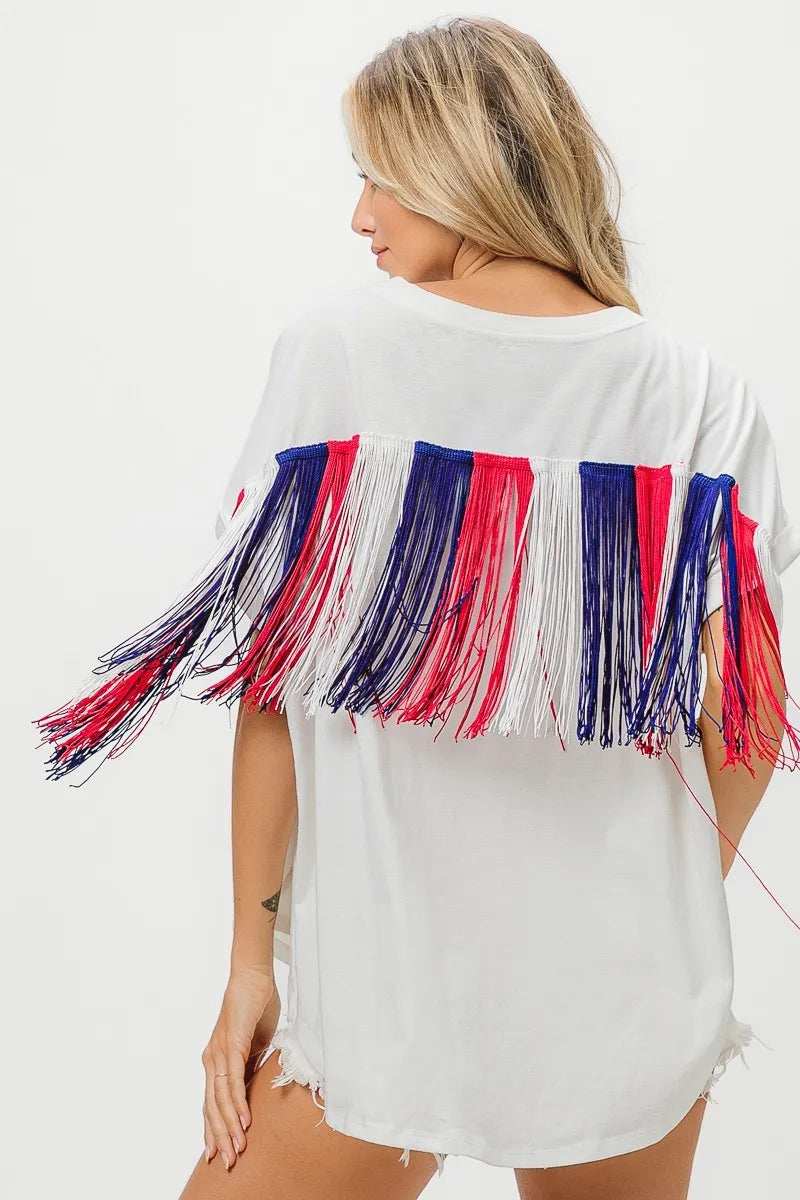 BiBi American Flag Sequin Star Fringe Top - Trendsi - Flyclothing LLC