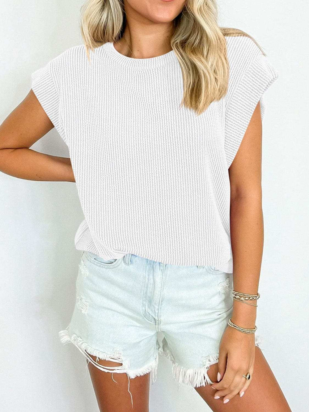 Textured Round Neck Cap Sleeve Blouse - Trendsi - Flyclothing LLC