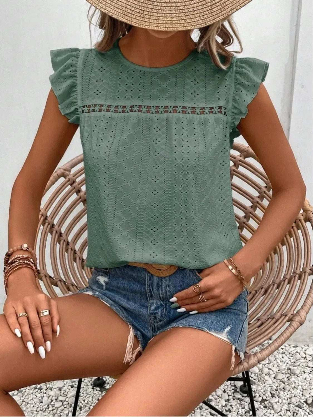 Eyelet Round Neck Cap Sleeve Top - Trendsi - Flyclothing LLC