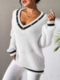 Contrast Trim V-Neck Long Sleeve Sweater - Trendsi - Flyclothing LLC