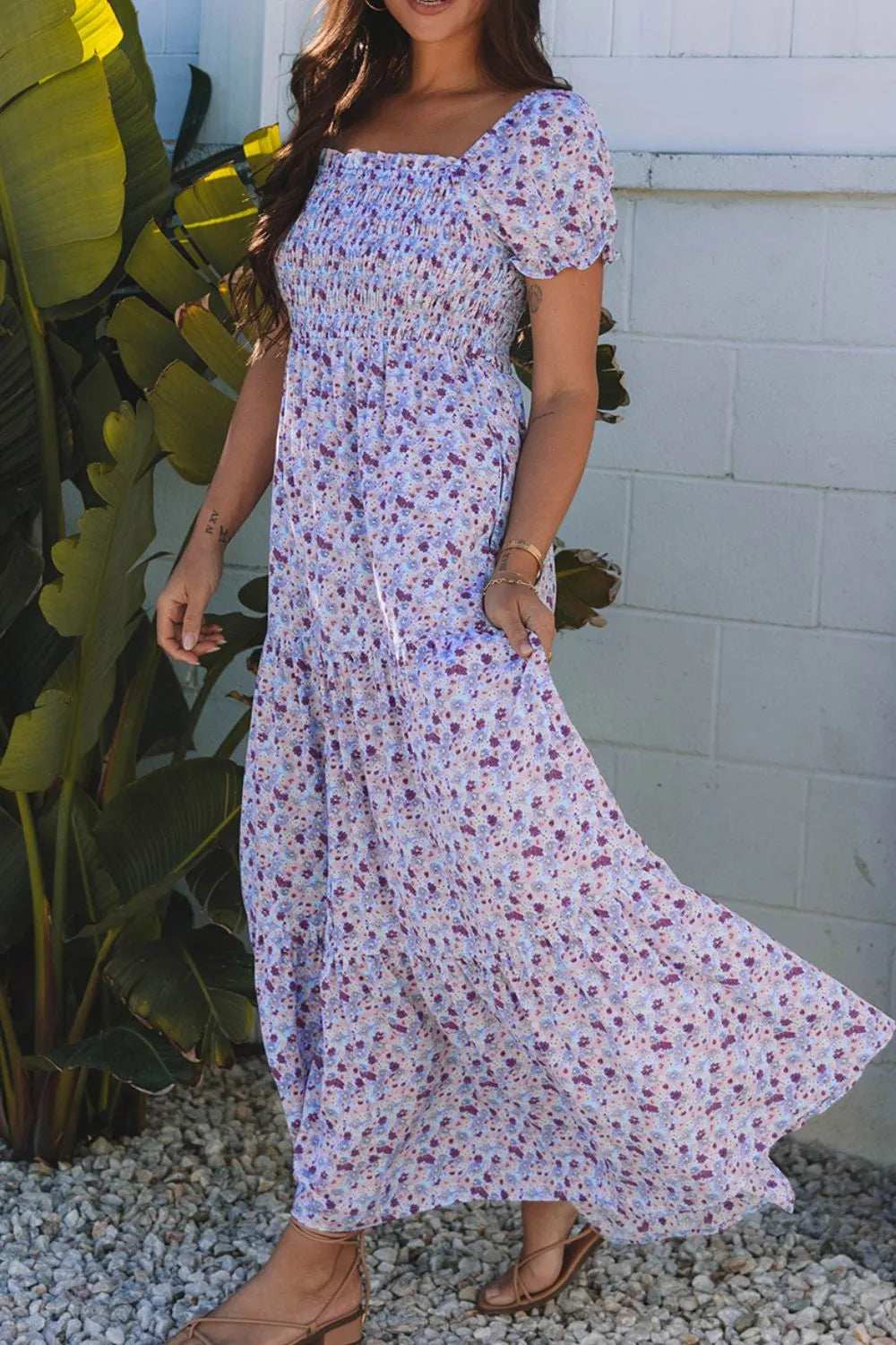 Tiered Floral Shirred High Waist Maxi Dress - Trendsi - Flyclothing LLC