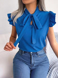 Ruffled Tie Neck Cap Sleeve Blouse - Trendsi - Flyclothing LLC