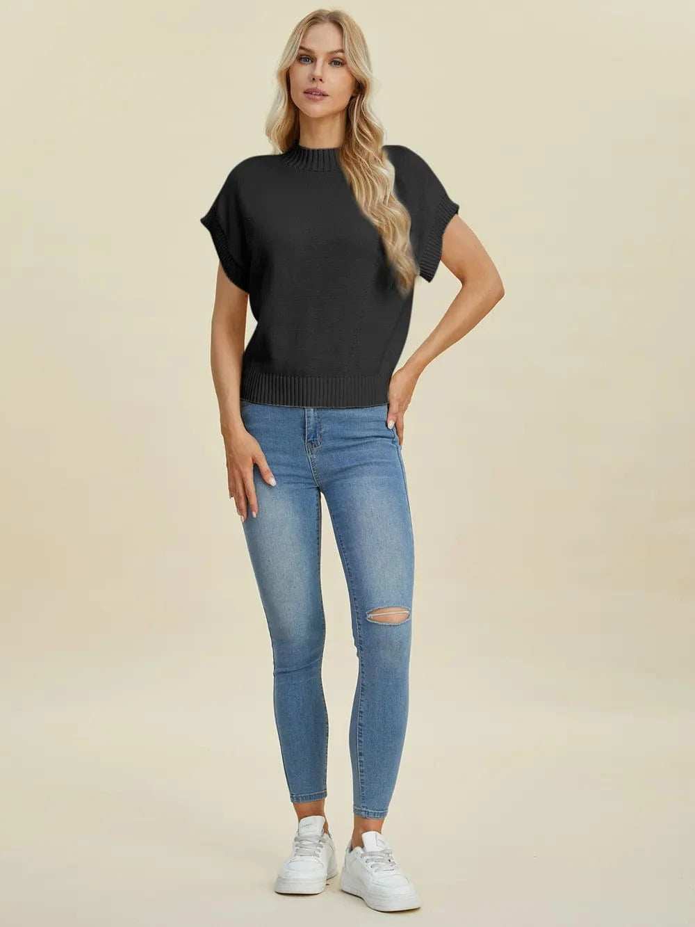 Double Take Full Size Mock Neck Short Sleeve Sweater - Trendsi - Flyclothing LLC