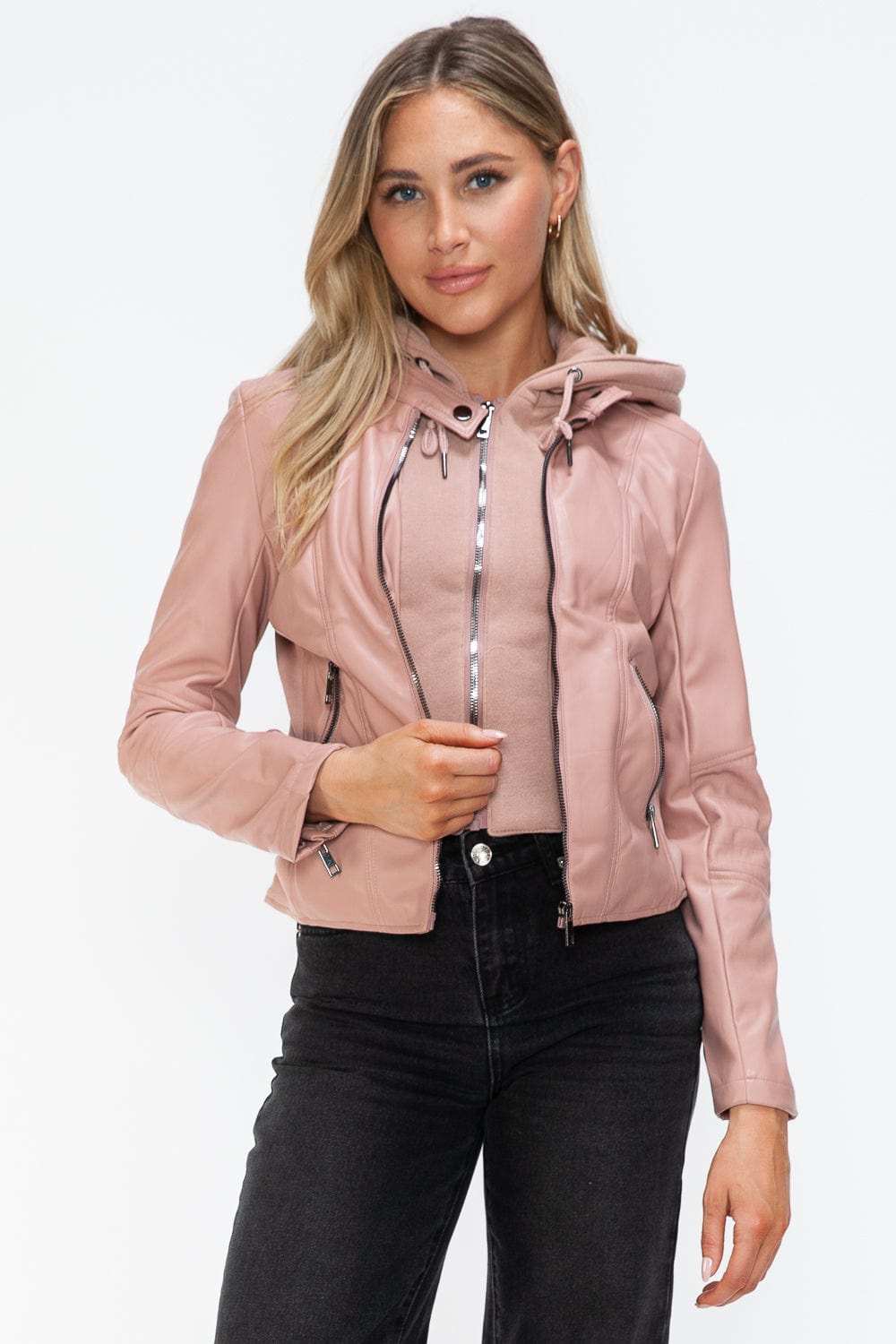 Snobbish Faux Leather Zip Up Drawstring Hooded Jacket - Trendsi - Flyclothing LLC