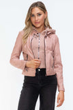 Snobbish Faux Leather Zip Up Drawstring Hooded Jacket - Trendsi - Flyclothing LLC