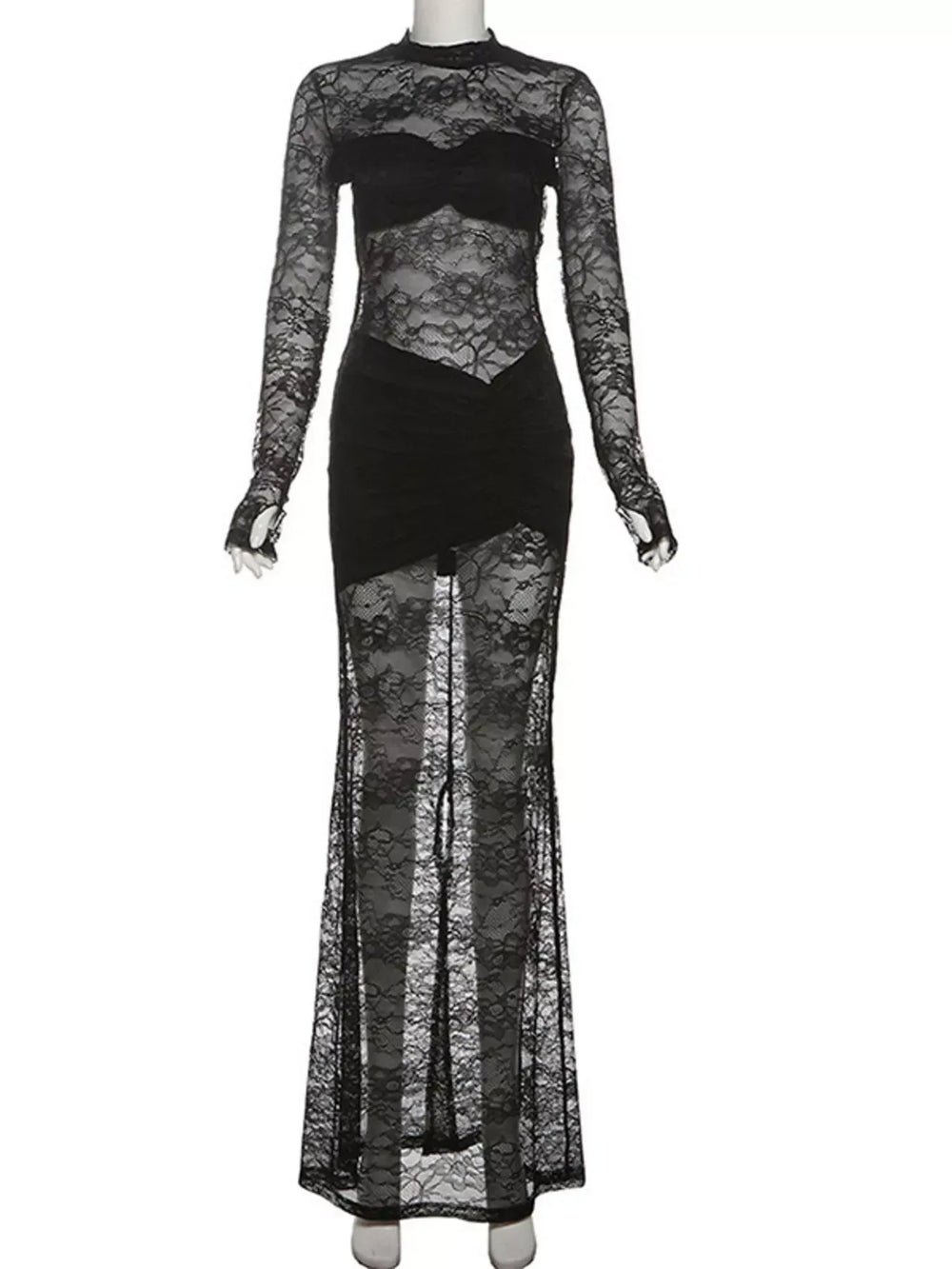 Lace Sheer Mock Neck Long Sleeve Maxi Dress - Trendsi - Flyclothing LLC